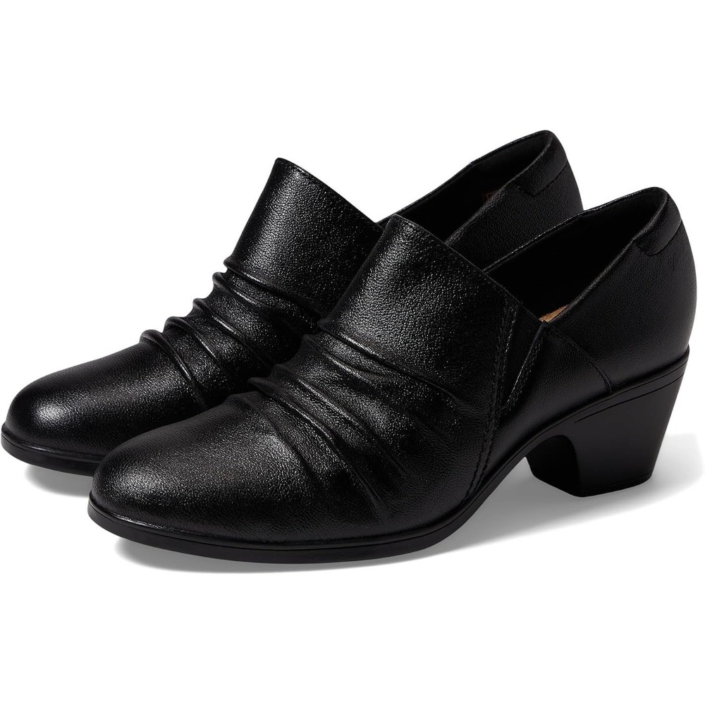 Clarks Women's Emily 2 Cove Pump Black Leather Shoes 7.0 Low Block Heels Slip-On